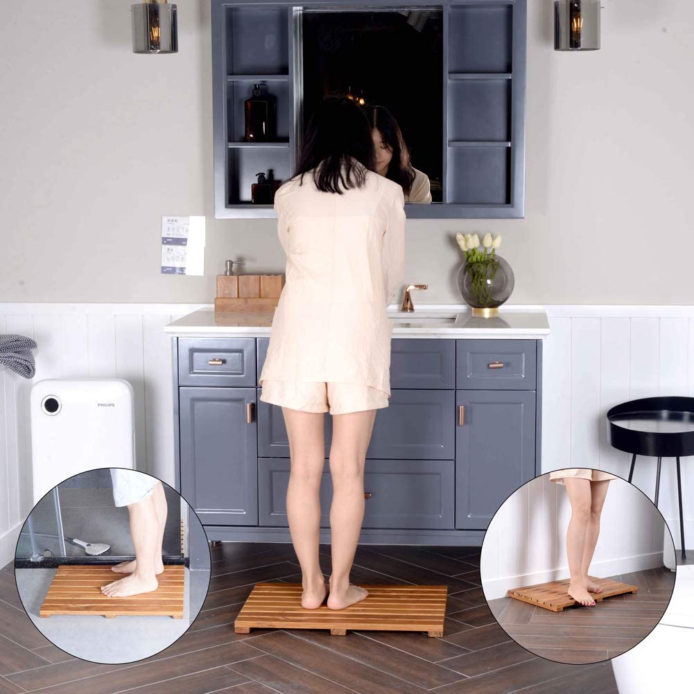 GLSCASA Teak Bath Mat Non Slip Luxury Spa Solid Teak Bath Mat Indoor/Outdoor Shower Mat Large Floor Mat 23.6'' x 15.7'' x 1.4''