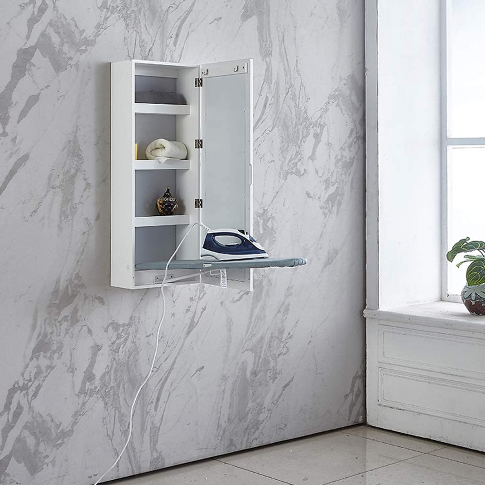 GLSCASA Ironing Board Cabinet Wall Mounted Storage Cabinet Foldable with Mirror, White