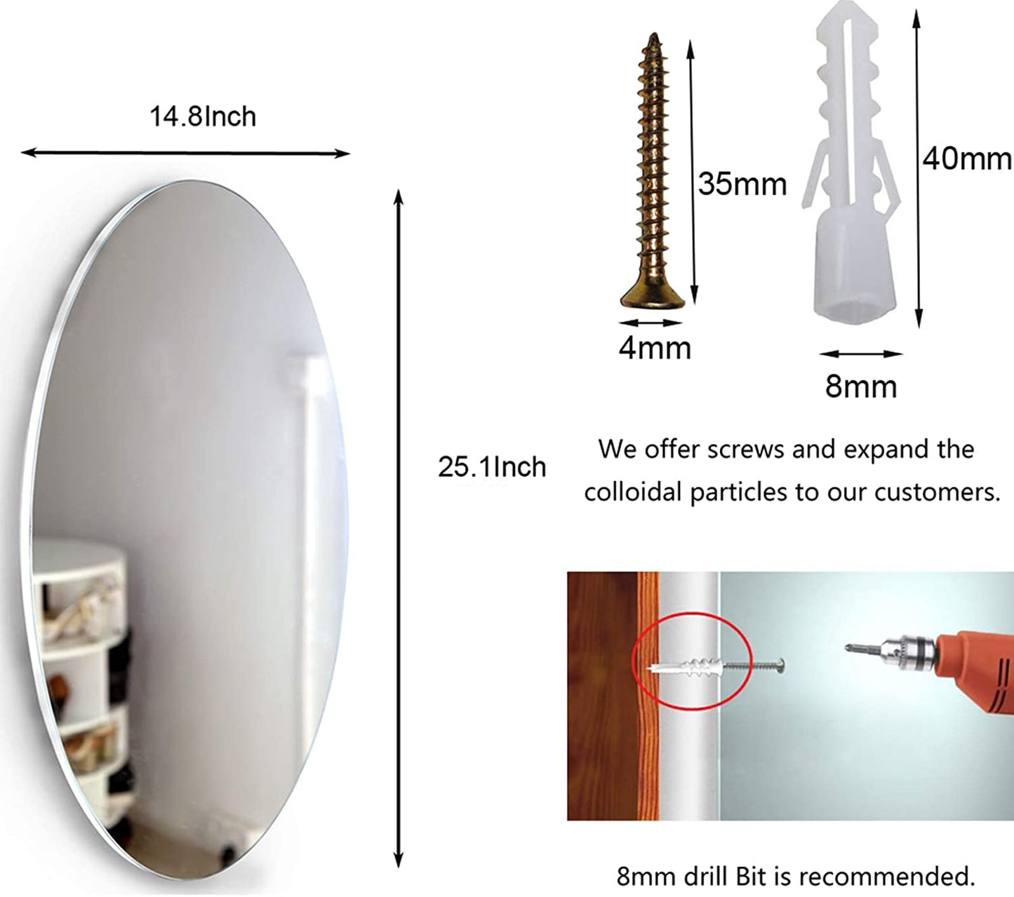 GLSCASA Oval Wall Mounted Mirror Dressing Mirror Frameless,Bedroom or Bathroom Mirror,Horizontal or Vertical(25.1" x 14.8" x 0.79")