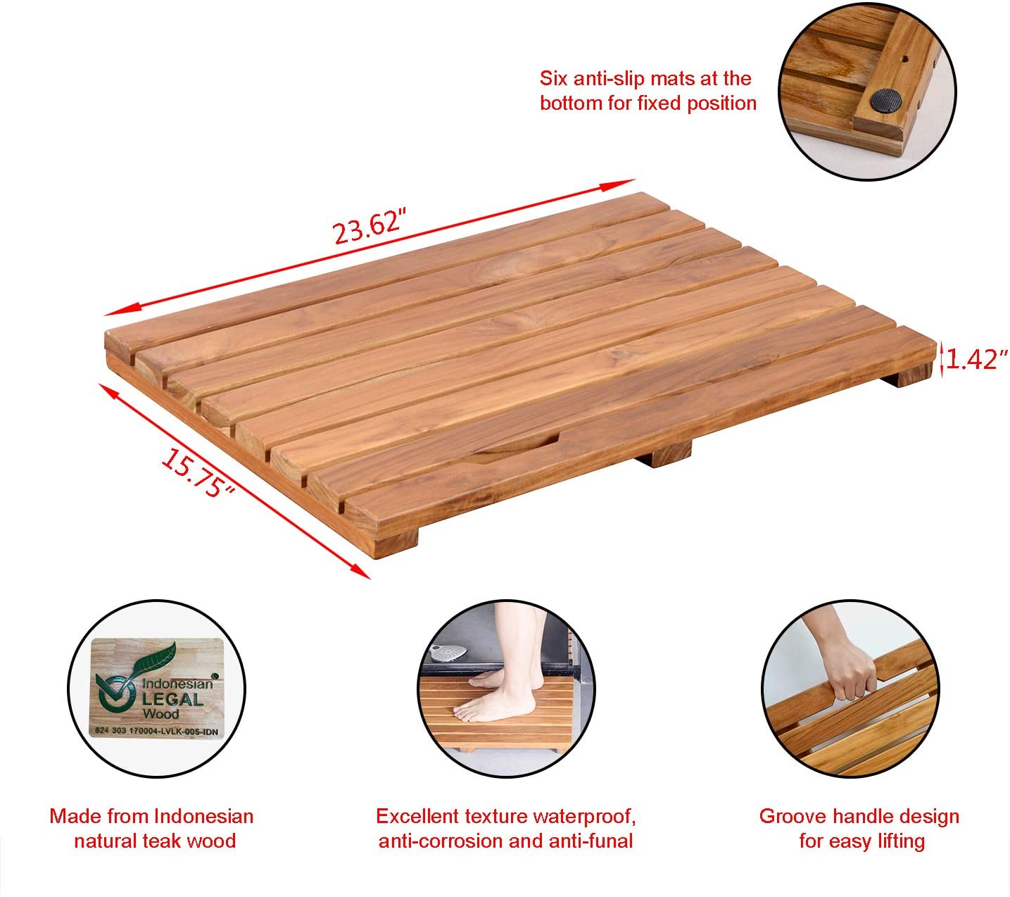 GLSCASA Teak Bath Mat Non Slip Luxury Spa Solid Teak Bath Mat Indoor/Outdoor Shower Mat Large Floor Mat 23.6'' x 15.7'' x 1.4''