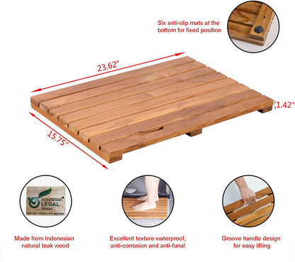 GLSCASA Teak Bath Mat Non Slip Luxury Spa Solid Teak Bath Mat Indoor/Outdoor Shower Mat Large Floor Mat 23.6'' x 15.7'' x 1.4''